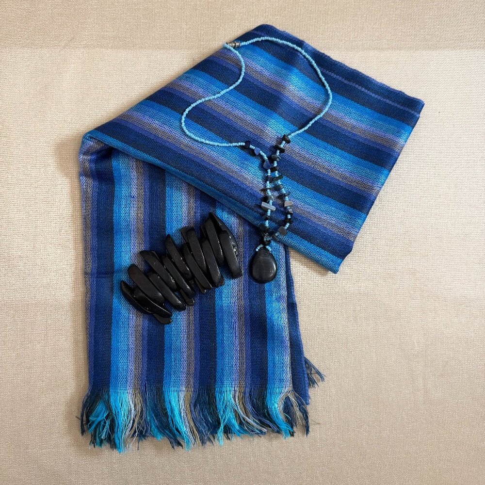 Blue Purple And Gray Scarf And Blue And Black Beaded Tagua Necklace And Bracelet